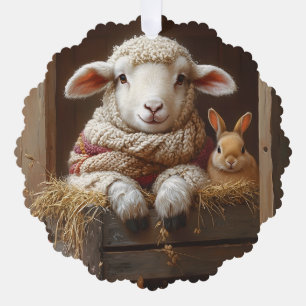 Gezellig Schaap en Konijn in Schuur met Bloemen Ornament Kaart