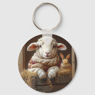 Gezellig Schaap en Konijn in Schuur met Bloemen Sleutelhanger