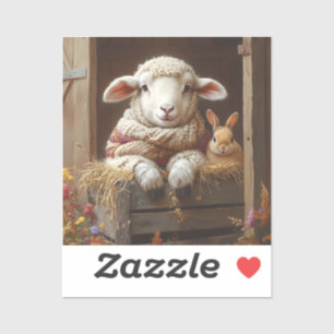 Gezellig Schaap en Konijn in Schuur met Bloemen Sticker