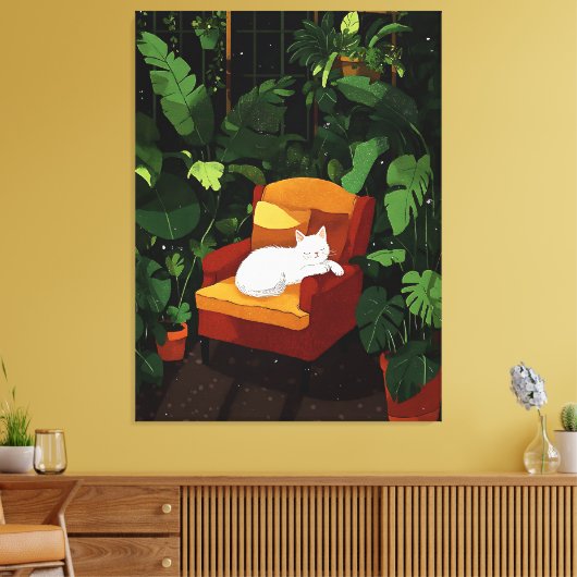 Gezellig Slapen Witte Kat Illustratie Kunst Canvas Afdruk (Insitu (Woonkamer))