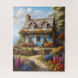 Gezellig stenen huisje met blauwe deur tuin legpuzzel
