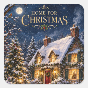 Gezellig thuis met Kerstmis, Elegant besneeuwd hui Vierkante Sticker