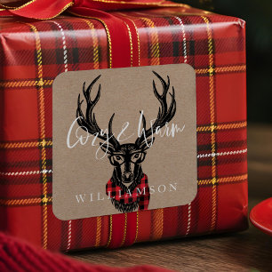 Gezellig & warm   Red Buffalo Plaid rendierfamilie Vierkante Sticker