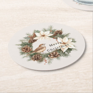 Gezellig Warme Kerst Poinsettia Dennenappels Vogel Ronde Kartonnen Onderzetter