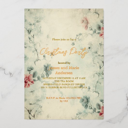 Gezellig winter bloemenkerstfeest folie uitnodiging (Voorkant)