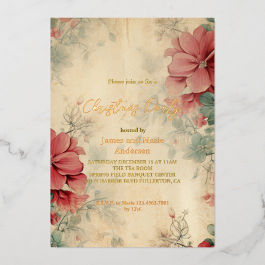 Gezellig winter bloemenkerstfeest folie uitnodiging (Voorkant)