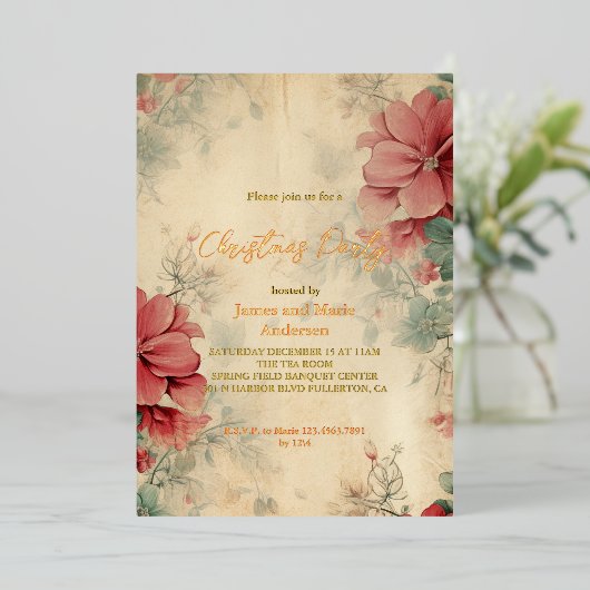 Gezellig winter bloemenkerstfeest folie uitnodiging (Staand Voorkant)