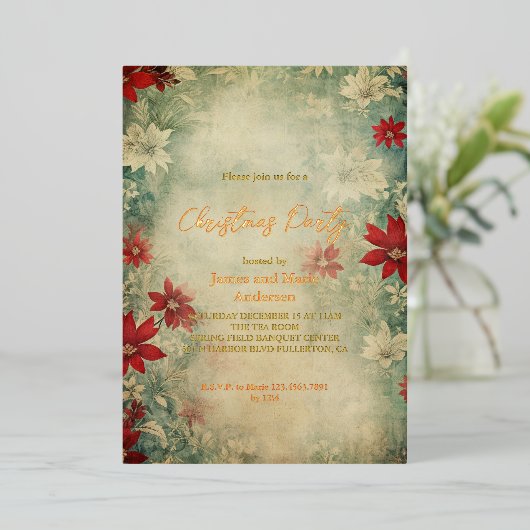 Gezellig Winter Poinsettia Bloemen Kerstfeest Folie Uitnodiging (Staand Voorkant)