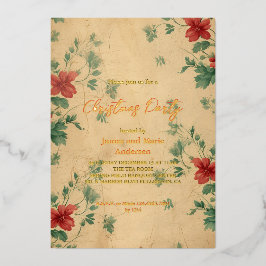 Gezellig winter rood groen bloemen kerstfeest folie uitnodiging