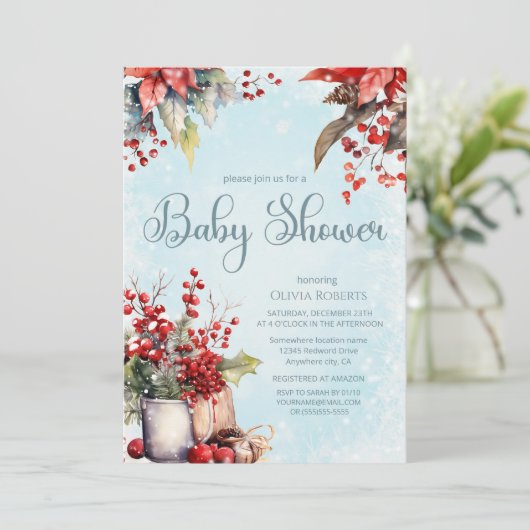 Gezellig Winter Rowan bessen boeket Baby shower Kaart (Staand voorkant)