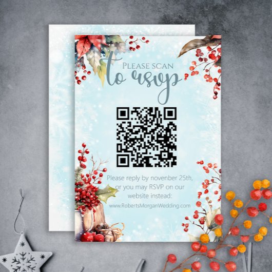 Gezellig Winter Rowan bessenboeket QR-code Bruilof RSVP Kaartje