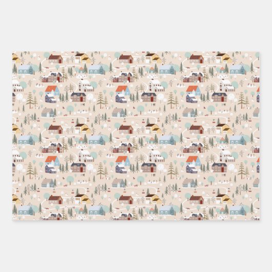 Gezellig Winter Village Scene Patroon Inpakpapier Vel (Voorkant)