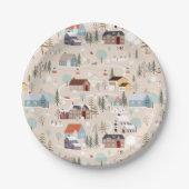 Gezellig Winter Village Scene Patroon Papieren Bordje (Voorkant)