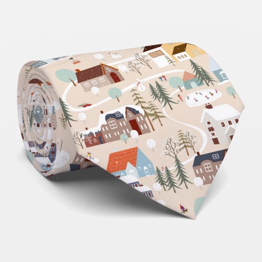 Gezellig Winter Village Scene Patroon Stropdas (Opgerold)