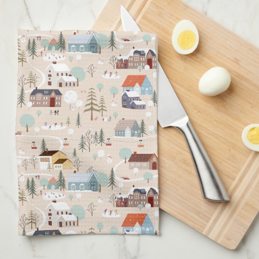 Gezellig Winter Village Scene Patroon Theedoek (Quarter Fold)