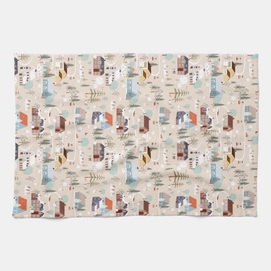 Gezellig Winter Village Scene Patroon Theedoek (Horizontaal)