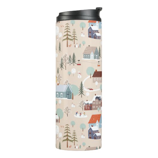 Gezellig Winter Village Scene Patroon Thermosbeker (Gedraaid links)