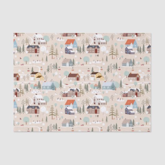 Gezellig Winter Village Scene Patroon Tissuepapier (Voorkant)