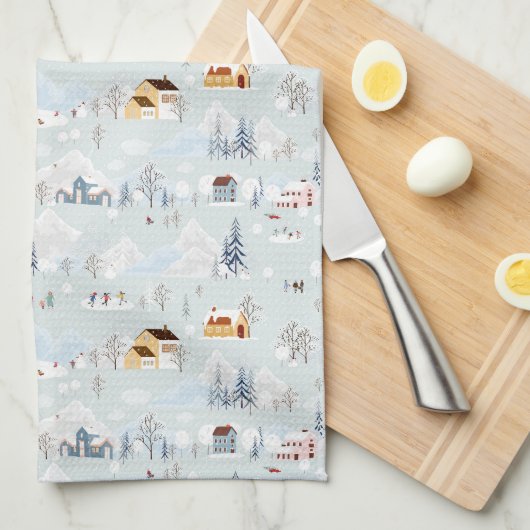 Gezellig Winter Wonderland Schaatspatroon Theedoek (Quarter Fold)