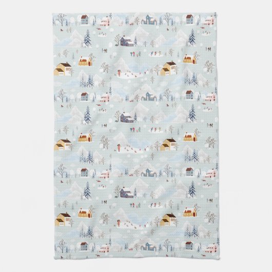 Gezellig Winter Wonderland Schaatspatroon Theedoek (Verticaal)