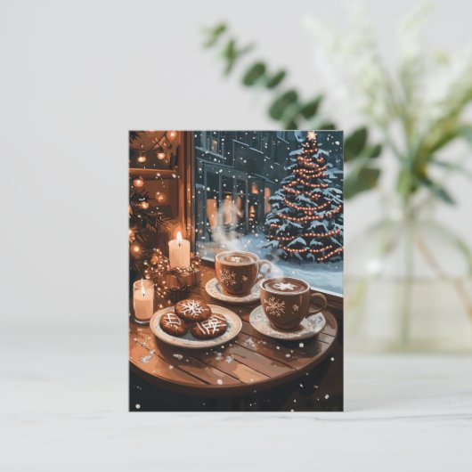 Gezellig Wintercafé met warme cacao en koekjes Feestdagenkaart (Staand voorkant)