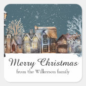 Gezellig Winterdorp bij Nacht met Vallende Sneeuw Vierkante Sticker (Voorkant)