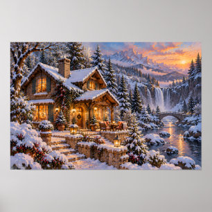 Gezellig winterhuisje naast een bergwaterval poster