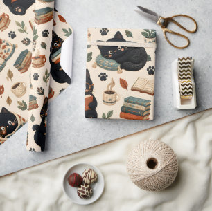 Gezellig Zwarte Kat Boekliefhebber Patroon Cadeaupapier