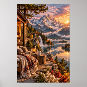 Gezellige Alpen Chalet Meer Zonsondergang Berg Muu Poster