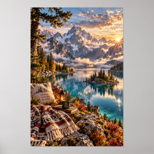 Gezellige Alpenmeer Berg Zonsopgang Retreat Muurku Poster