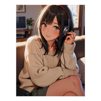Gezellige Anime Meisje Koptelefoon Muziek Esthetis Perfect Poster