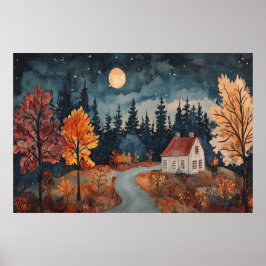 Gezellige Autumn Night Cottage Waterverf Herfst Ar Poster