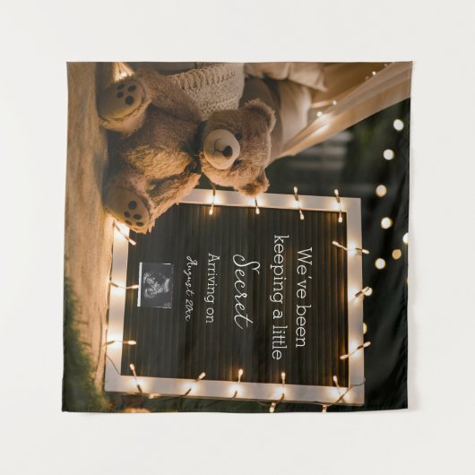 Gezellige avond met teddybeer zwangerschapsaankond wandkleed (Voorkant (horizontaal))