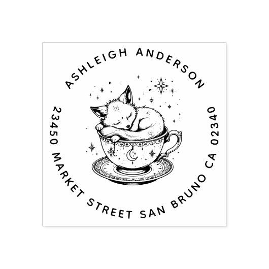 Gezellige Baby Fox Snuggled Teacup Moon Stars Adre Rubberstempel (Afrduk)