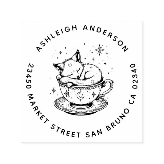 Gezellige Baby Fox Snuggled Teacup Moon Stars Adre Zelfinktende Stempel (Design)