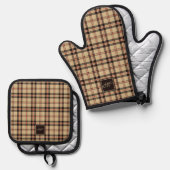 Gezellige Beige Charcoal Grijze Tartan Monogrammed Ovenwant & Pannenlap Set (Voorkant / Achterkant)