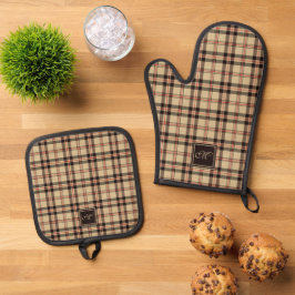 Gezellige Beige Koolgrijze Schotse Plaid Monogram Ovenwant & Pannenlap Set