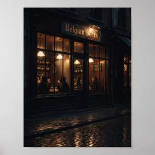 Gezellige Belgische herberg op regenachtige nacht  Poster