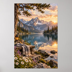 Gezellige bergmeer weerspiegeling zonsondergang mu poster
