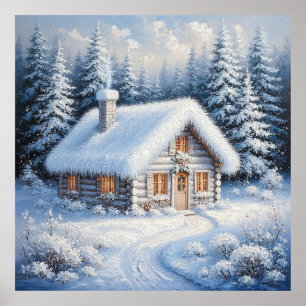 Gezellige besneeuwde hut in een schilderachtige wi poster