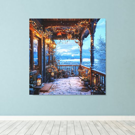 Gezellige besneeuwde veranda versierd met kerstver canvas afdruk (Insitu (Houten vloer))