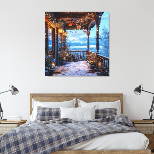 Gezellige besneeuwde veranda versierd met kerstver canvas afdruk (Insitu (Slaapkamer))