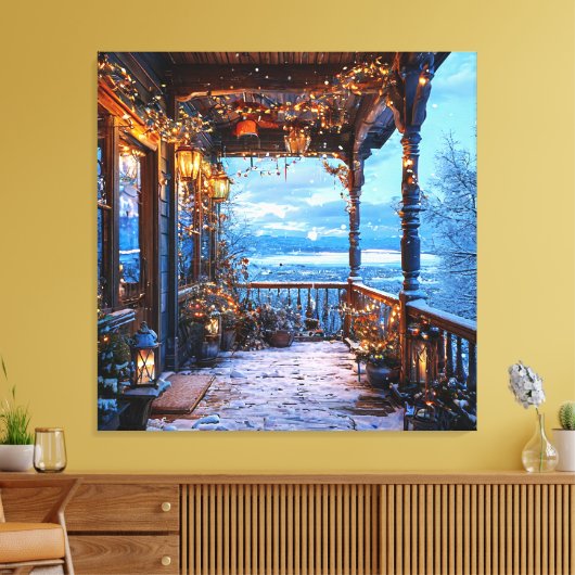 Gezellige besneeuwde veranda versierd met kerstver canvas afdruk (Insitu (Woonkamer))