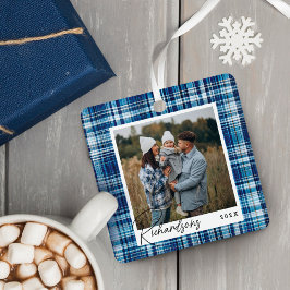 Gezellige blauw en wit geruite stof Familie Foto Metalen Ornament