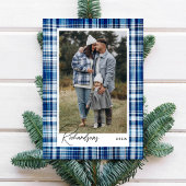Gezellige Blauw en Wit Plaid Flanel Familie Foto Feestdagenkaart