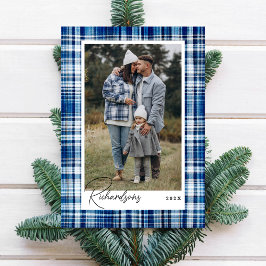 Gezellige Blauw en Wit Plaid Flanel Familie Foto Feestdagenkaart