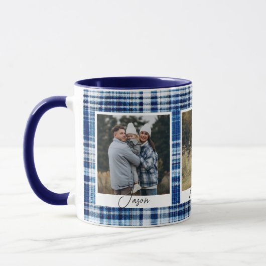 Gezellige Blauw en Wit Plaid stof Familie Foto's Mok (Links)