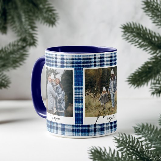 Gezellige Blauw en Wit Plaid stof Familie Foto's Mok