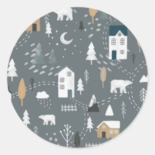 Gezellige blauw grijze winter in het noordse dorp ronde sticker