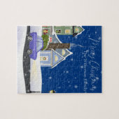 Gezellige Blauwe Kerstnacht in een Sneeuwrijk Dorp Legpuzzel (Horizontaal)